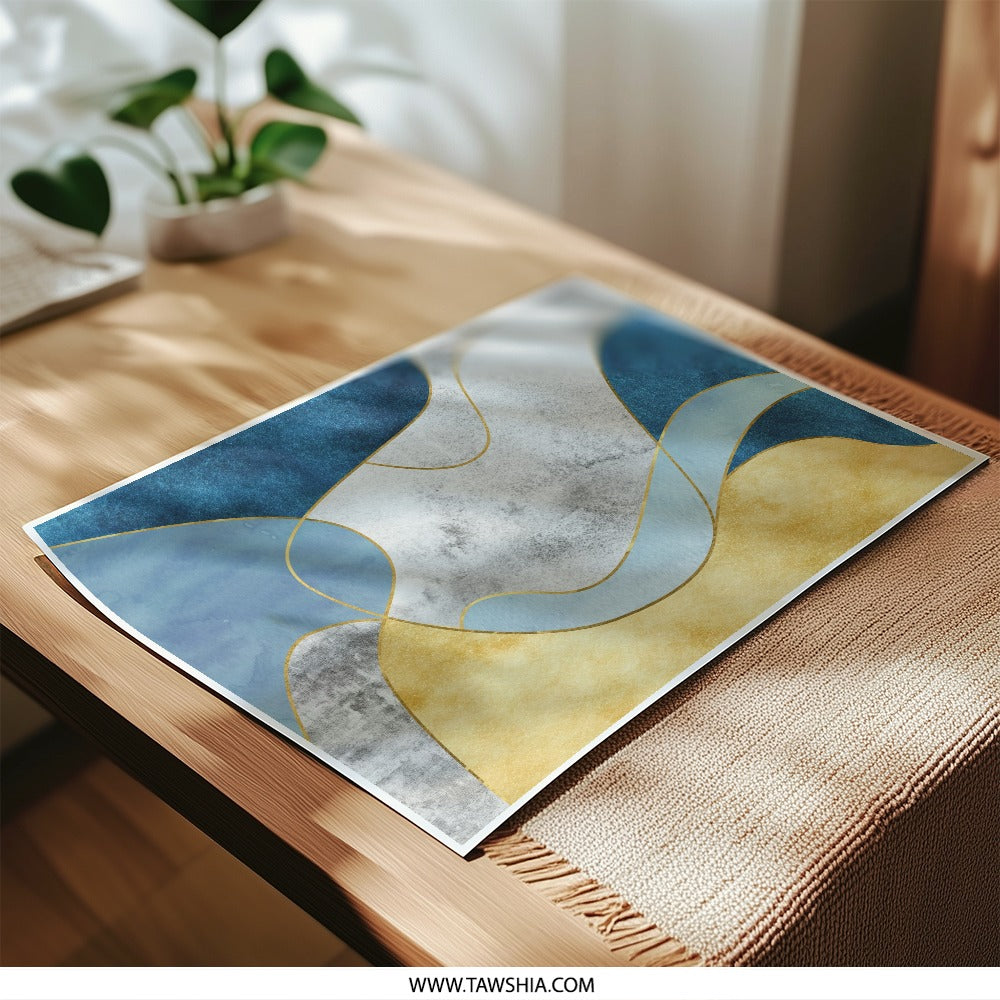 Abstract Art Photographic Print, Blue Gold Wall Decor, Modern Home Art, Minimalist Shapes, Unique Art Print, Contemporary Style, Wall Art - Tawshia