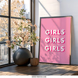 Girls Girls Girls Wall Art, Pink Wall Decor, Girly Room Decor, Typography Print, Trendy Wall Decor, Statement Wall Art (139 characters) - Tawshia