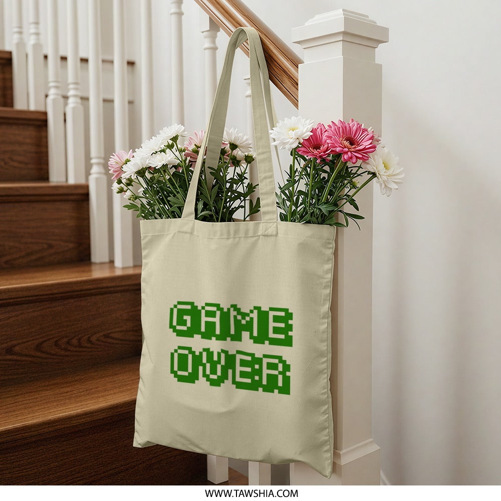 Game Over Tote Bag, Retro Gaming, Pixel Art Tote Bag, Gamer Gift, 8 Bit Design, Novelty Tote, Geeky Tote, Reusable Shopping Bag - Tawshia