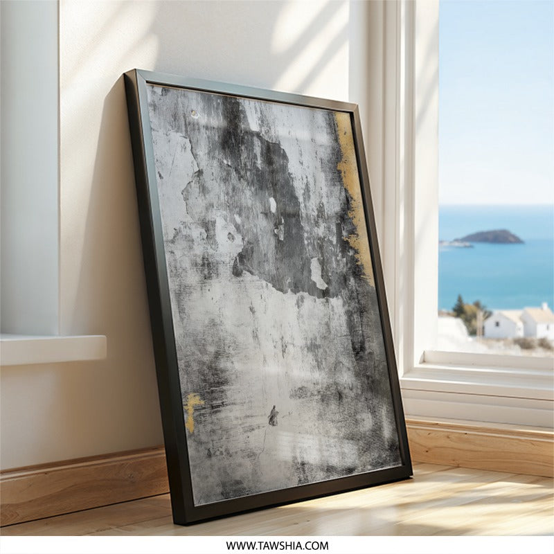 Textured Wall Art, Abstract Decay Print, Monochrome Wall Decor, Grunge Wall Hanging, Distressed Plaster Art, Black White Gold Wall Art - Tawshia