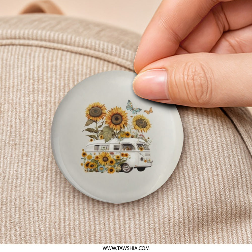 Sunflower Van Pinback Button, Floral VW Bus Badge, Hippie Button, Butterfly Button, Cute Button, Aesthetic Button, Gift Idea, Trendy Buttons - Tawshia