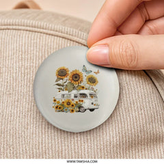 Sunflower Van Pinback Button, Floral VW Bus Badge, Hippie Button, Butterfly Button, Cute Button, Aesthetic Button, Gift Idea, Trendy Buttons - Tawshia