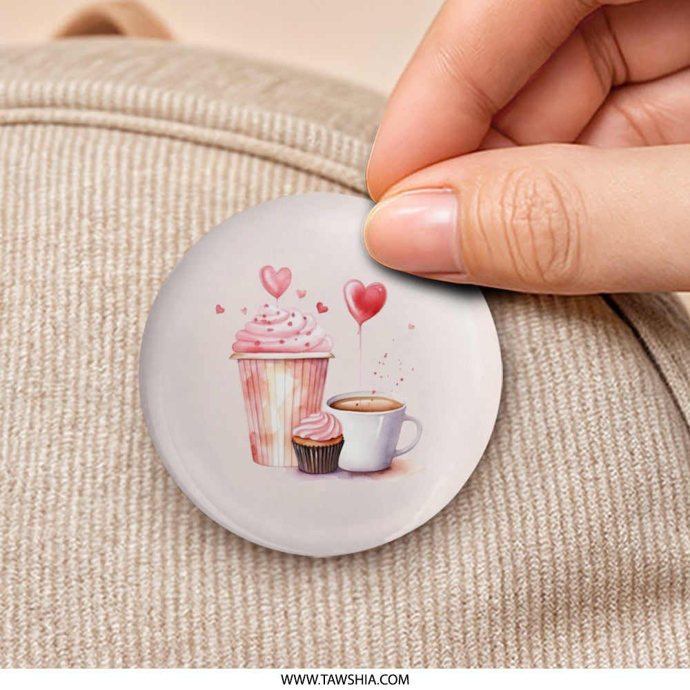 Cupcake Coffee Hearts Pinback Button, Valentines Day Badge, Cute Button, Foodie Button, Gift for Baker, Party Favor, Coffee Lover Gift - Tawshia