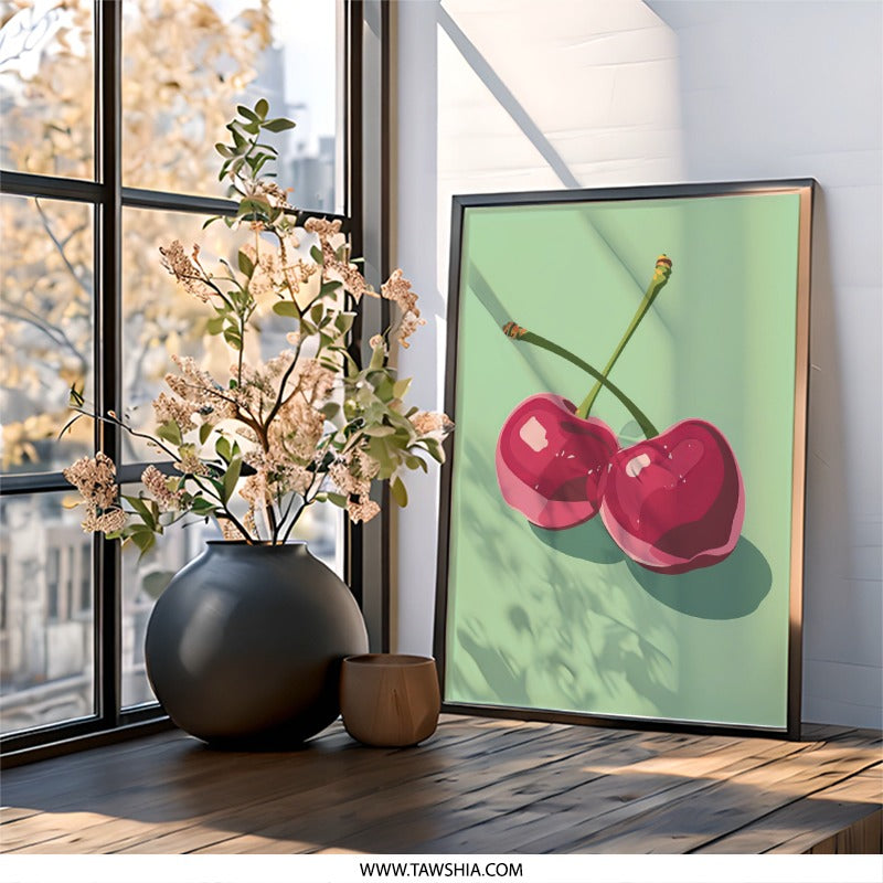 Cherry Wall Art Print, Minimalist Kitchen Decor, Fruit Illustration, Modern Art Print, Sweet Cherry Poster, Foodie Gift Idea - Tawshia