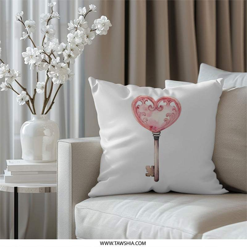 Heart Key Pillow, Valentine Decor, Pink Watercolor Key Art, Love Key Throw Pillow, Romantic Gift, Cute Home Accent, Unique Pillow - Tawshia