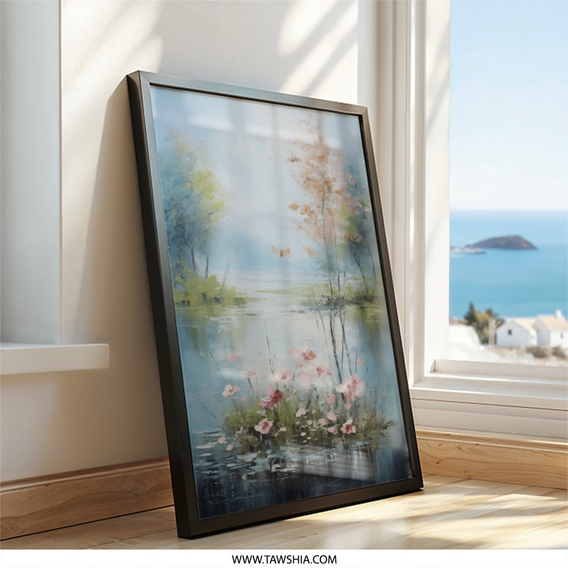 Floral Lake Wall Art, Serene Landscape Painting Print, Peaceful Nature Artwork, Riverbank Blossoms Decor, Calming Home Wall Decor - Tawshia