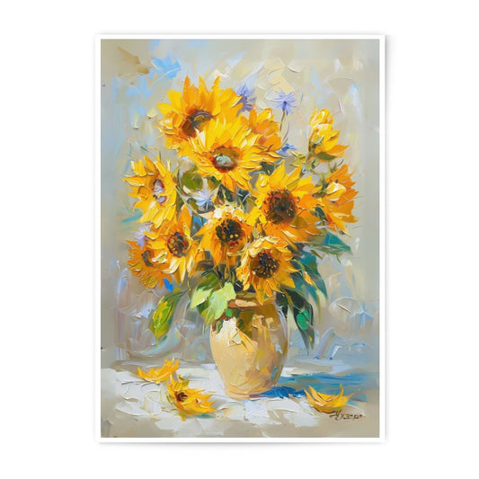 Sunflower Photographic Print, Floral Wall Art, Summer Decor, Impressionist Painting, Flower Still Life Print, Bright Yellow Flowers, Vase - Tawshia