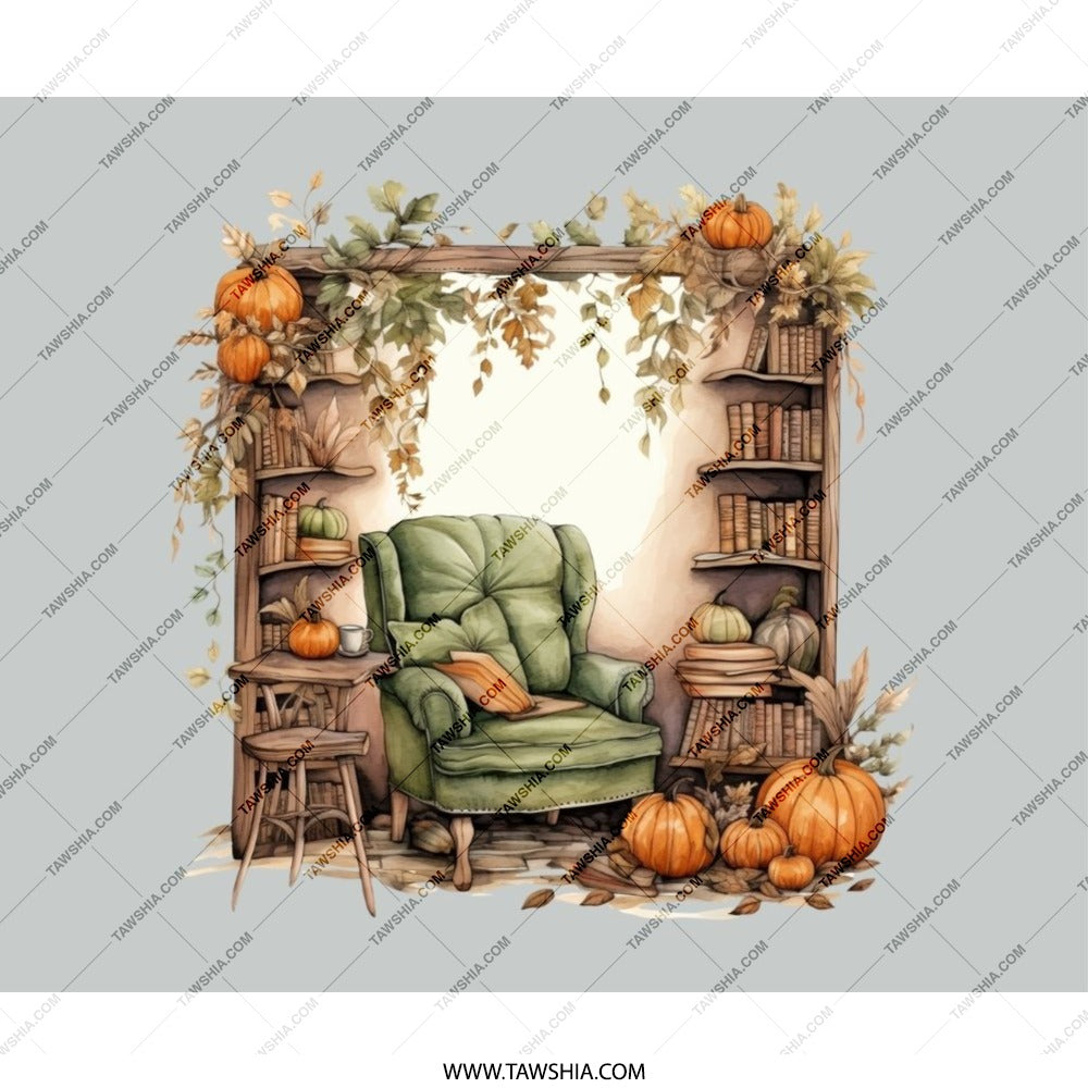 Cozy Autumn Nook Mouse Pad, Fall Reading Corner Art, Pumpkin Decor, Warm Home Office, Bookshelf, Book Lover Gift, Desk Accessory - Tawshia