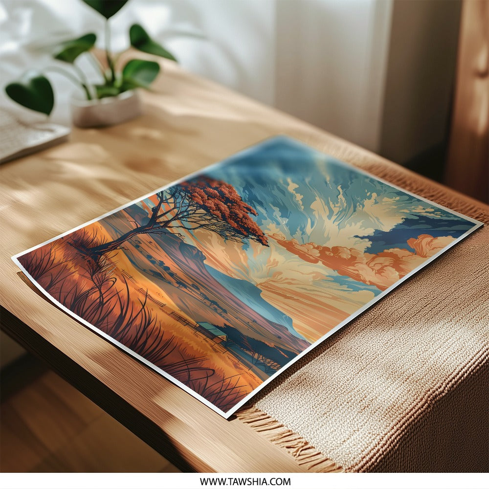 African Savanna Photographic Print, Sunset Landscape Art, Scenic Nature Wall Decor, Home Office Art, Colorful Sky Scenery - Tawshia
