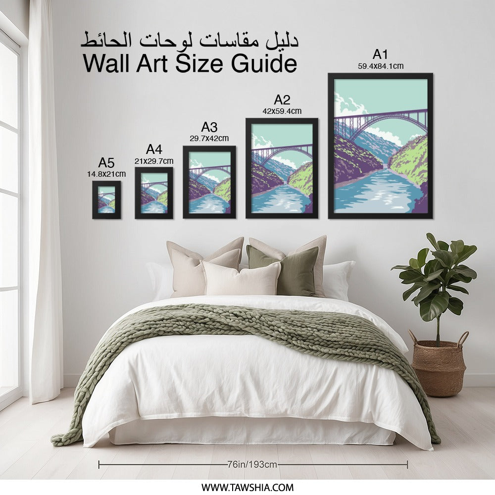 Bridge Wall Art Print, River Landscape Art, Scenic View Poster, Mountain Bridge Decor, Nature Wall Art, Minimalist Art Print - Tawshia