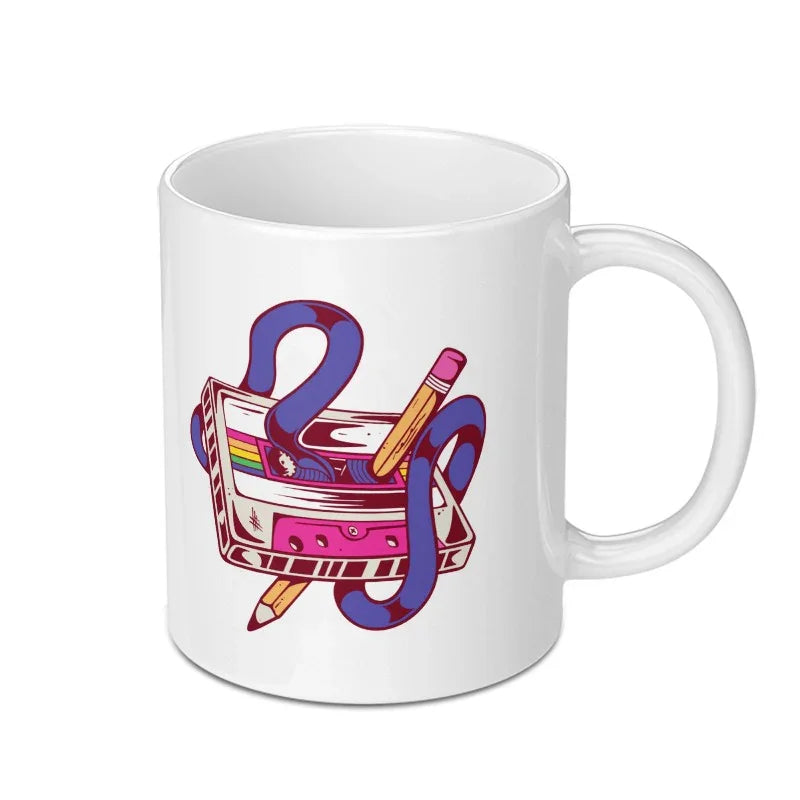 Retro cassette and pencil graphic on white mug product
