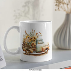 Floral Truck Mug, Sunflower Mug, Vintage Truck Mug, Fall Mug, Autumn Mug, Farmhouse Mug, Flower Mug, Gift for Her, Coffee Mug (138) - Tawshia