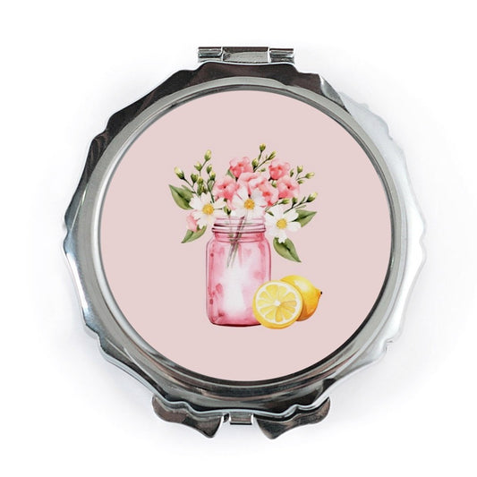 Floral Bouquet Pocket Mirror, Lemon Design, Pink Mason Jar, Compact Mirror, Handbag Mirror, Makeup Mirror, Cute Mirror - Tawshia