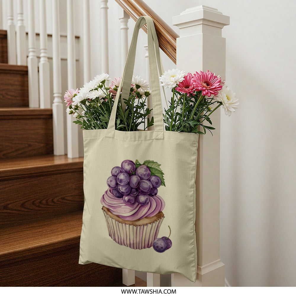 Grape Cupcake Tote Bag, Fruity Dessert Art, Unique Design Grocery Bag, Sweet Treat Illustration, Whimsical Tote, Cute Cupcake Print - Tawshia