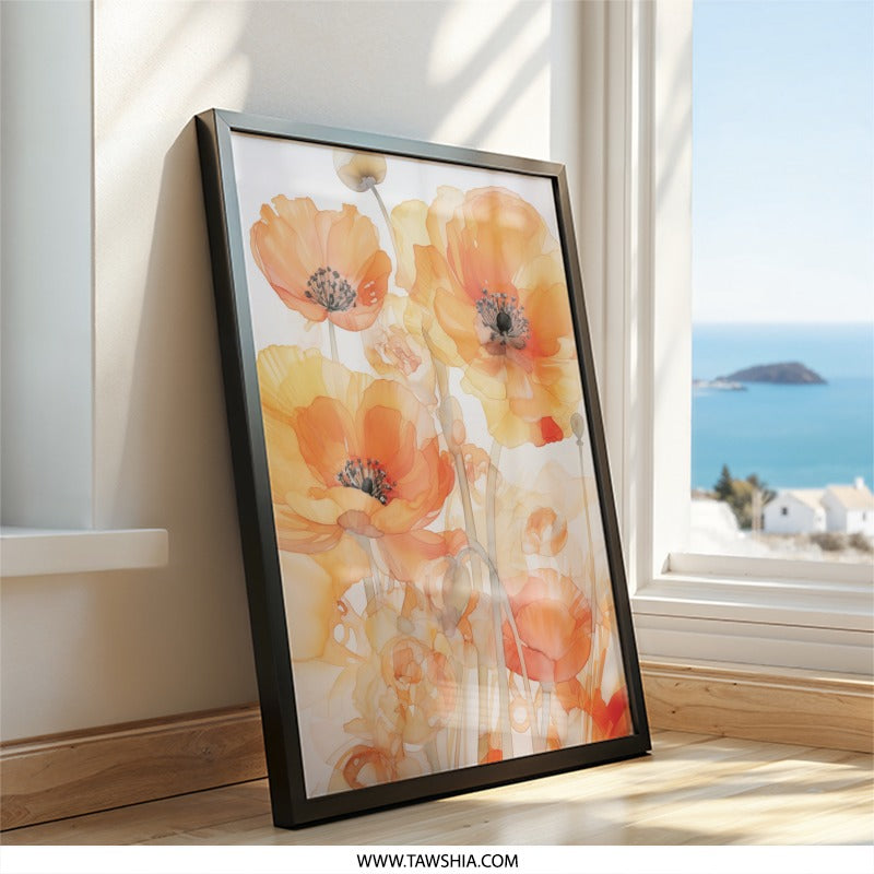 Orange Poppy Wall Art, Floral Art Print, Botanical Wall Decor, Flower Painting, Modern Home Decor, Poppy Art Print, Botanical Art - Tawshia