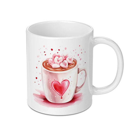 Hot Chocolate Mug, Heart Mug, Valentines Gift, Coffee Cup, Cocoa Cup, Watercolor Design, Heart Marshmallows, Valentines Mug - Tawshia