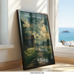 Rustic Railroad Wall Art, Countryside Scenery, Farmhouse Decor, Dramatic Sky Painting, Abandoned Barn Wall Decor, Moody Landscape Wall Art - Tawshia