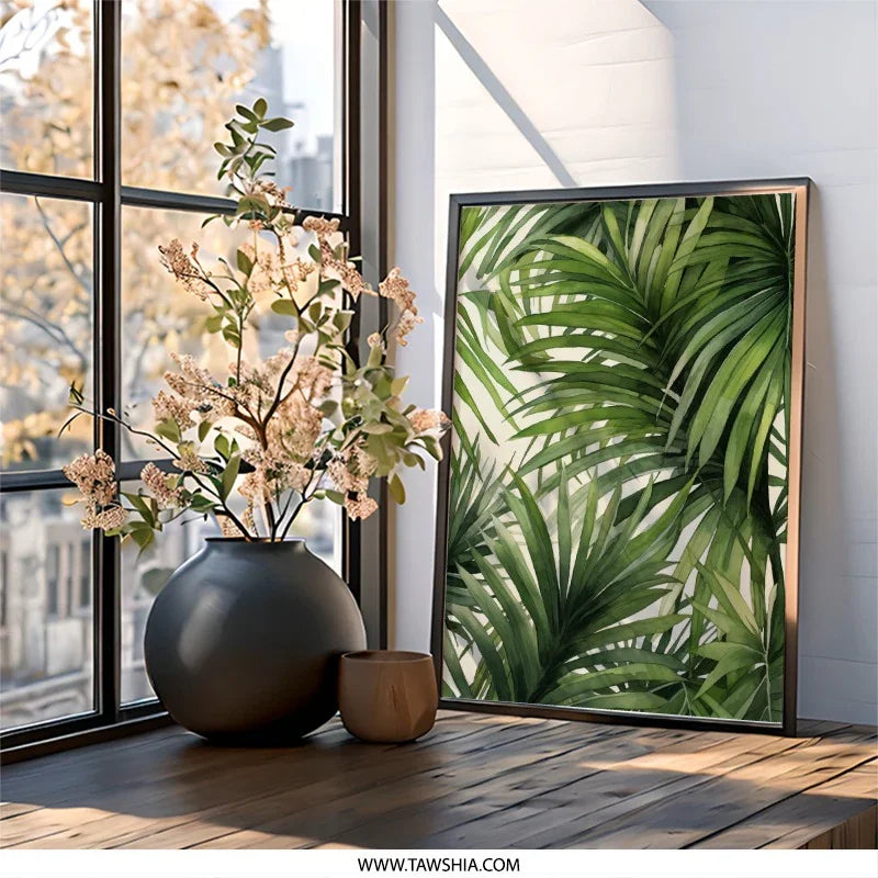 Tropical Palm Leaves Wall Art, Botanical Print, Green Leaf Decor, Jungle Wall Decor, Nature Inspired Art, Modern Wall Hanging - Tawshia