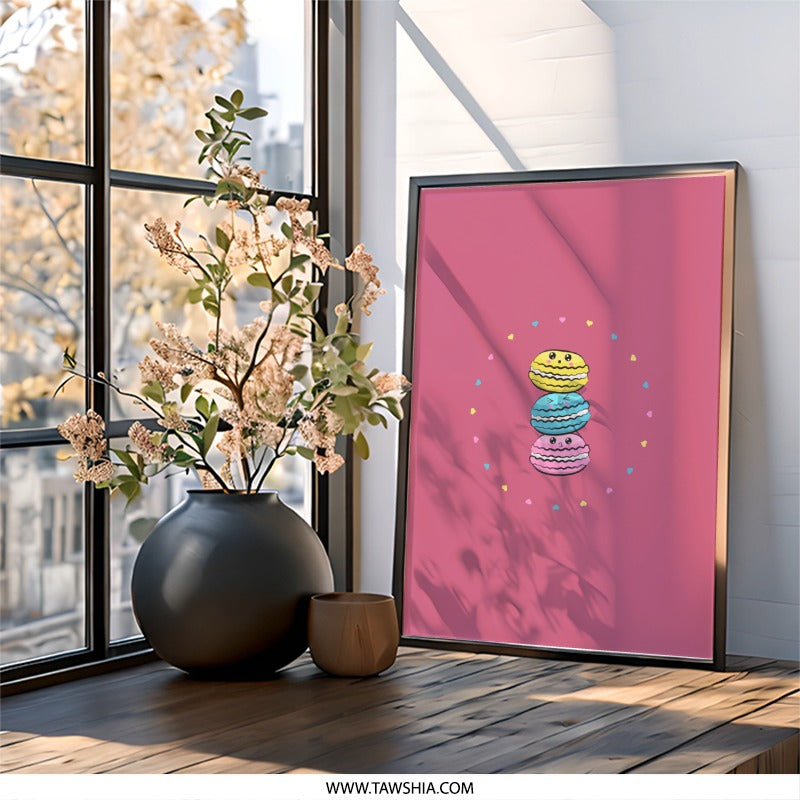 Macaron Wall Art, Kawaii Food Print, Cute Dessert Illustration, Pink Background, Colorful Pastry, Home Decor, Kitchen Art - Tawshia