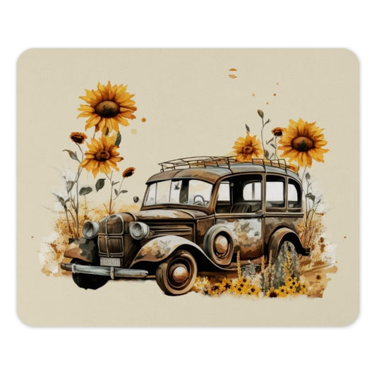 Vintage Car Mousepad, Sunflower Mouse Pad, Rustic Car Decor, Antique Auto Gift, Floral Computer Mat, Unique Desk Accessory - Tawshia