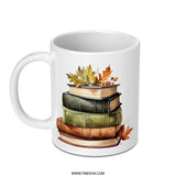 Fall Reading Mug, Book Lover Gift, Autumn Decor Coffee Mug, Cozy Season Drinkware, Stacked Books and Leaves Mug, Literary Gifts - Tawshia