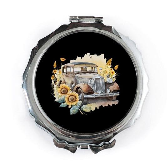 Vintage Car Pocket Mirror, Sunflower Decor, Classic Auto Gift, Compact Mirror, Travel Mirror, Elegant Style Pocket Mirror - Tawshia