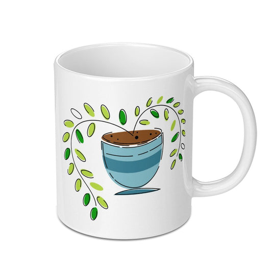 Blue Bowl Plant Mug, Ceramic Coffee Cup, Green Leaves Gift, Nature Lover Drinkware, Cute Kitchen Decor, Unique Tea Mug, Minimalist Design - Tawshia