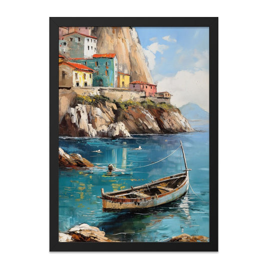 Coastal Village Wall Art, Mediterranean Boat Painting, Ocean View Print, Italy Landscape Art, Colorful Cliffside House Decor, Scenic Artwork - Tawshia