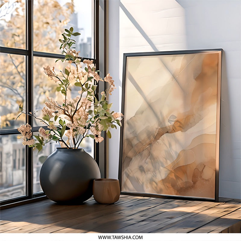 Neutral Abstract Wall Art, Beige Brown Marble Print, Modern Minimalist Art, Fluid Art Home Decor, Elegant Wall Decor, Framed Artwork - Tawshia