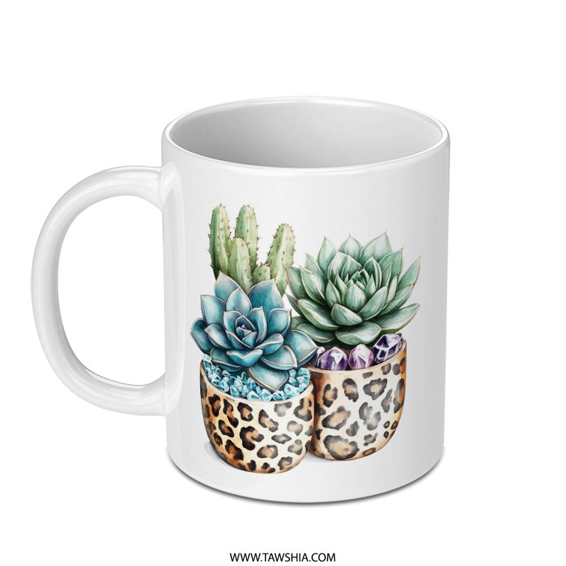 Succulent Mug, Leopard Print, Cactus Lover Gift, Plant Mom Gift, Cute Coffee Mug, Tea Cup, Succulent Lover, Houseplant Gifts, Boho Mug - Tawshia