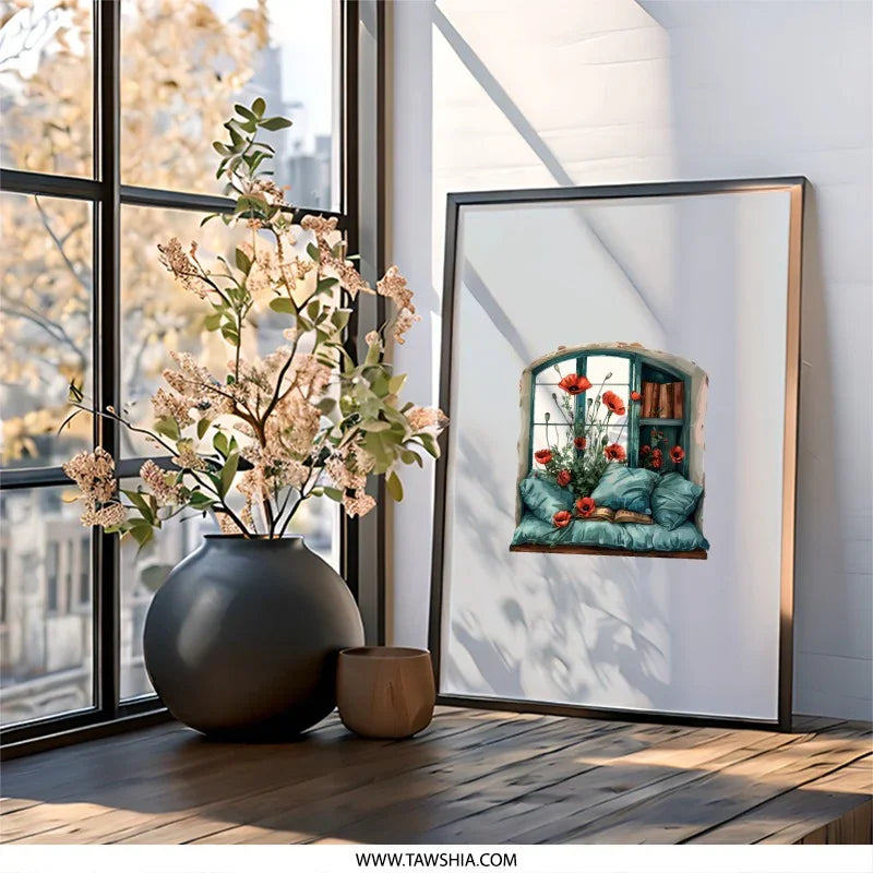 Poppies by Window Framed Wall Art, Cozy Reading Nook Art, Botanical Home Decor, Floral Window Seat Artwork, Book Lover Gift, Home Decor - Tawshia