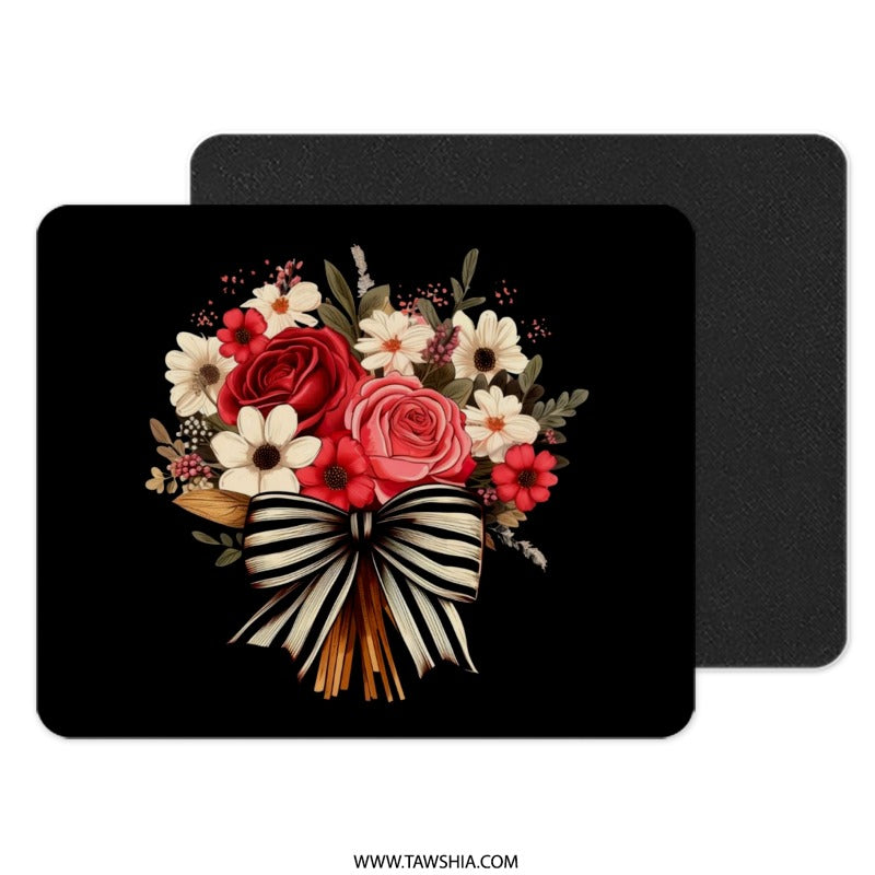 Floral Bouquet Mouse Pad, Elegant Roses Mousepad, Striped Bow Computer Mat, Flower Power Office Decor, Trendy Gift for Her Mouse Pad - Tawshia