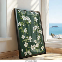 White Flower Wall Art, Floral Print, Green Background, Botanical Illustration, Modern Home Decor, Nature Inspired Artwork - Tawshia