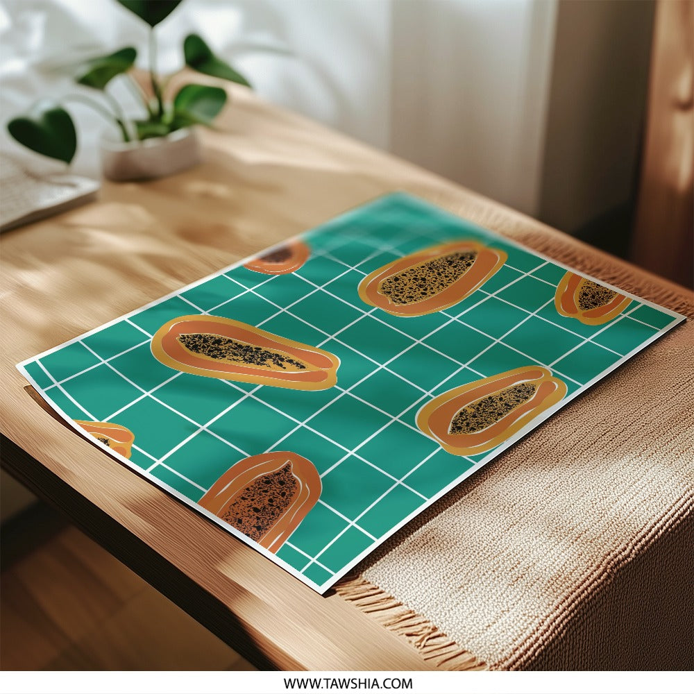Papaya Pattern Photographic Print, Tropical Fruit Art, Kitchen Decor, Teal Background, Food Print, Modern Art, Trendy Wall Art - Tawshia