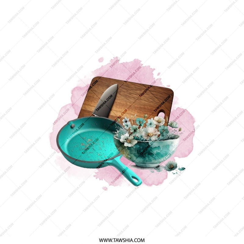 Kitchen Still Life Pillow, Cooking Theme Pillow, Cutting Board Art, Turquoise Pan, Floral Bowl, Knife Accent Pillow, Foodie Gift - Tawshia