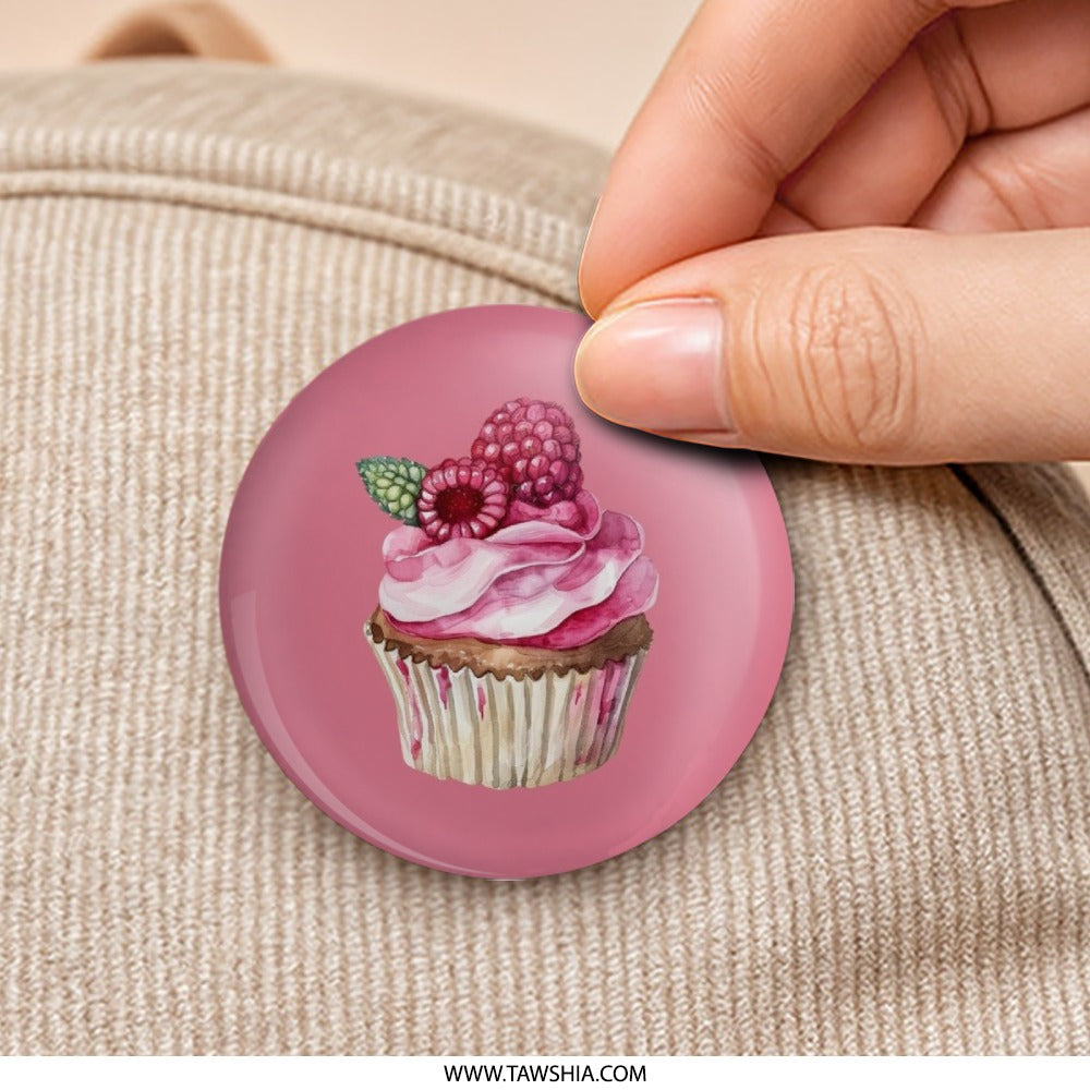 Raspberry Cupcake Pinback Button, Pink Sweet Treat Badge, Cute Food Accessory, Baker Gift, Dessert Lover Button, Party Favor Button - Tawshia