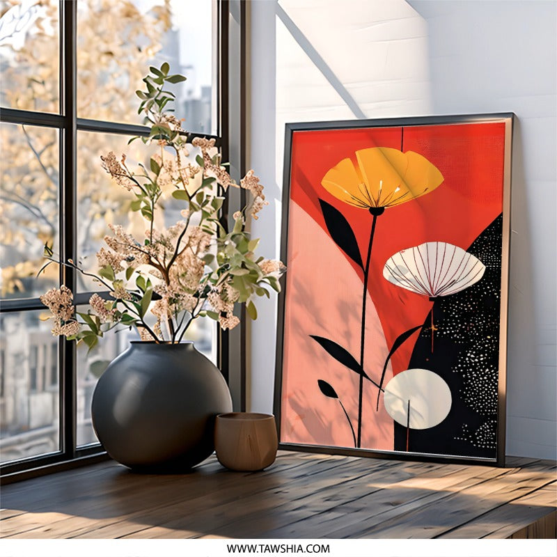 Floral Wall Art, Abstract Flowers Print, Botanical Art, Modern Home Decor, Orange Red Art, Living Room Art, Bedroom Wall Decor - Tawshia