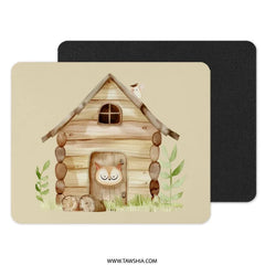 Cute Cabin Mouse Pad, Woodland Animal Decor, Owl Door Mousepad, Cozy Home Office Gift, Rustic Desk Accessory, Cabin Illustration Pad - Tawshia