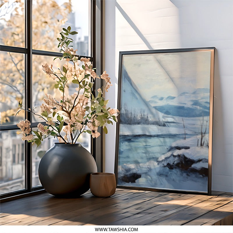 Winter Landscape Wall Art, Snowy Mountain Scene, Frozen River Painting, Scandinavian Inspired Artwork, Home Decor Print - Tawshia
