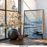 Winter Landscape Wall Art, Snowy Mountain Scene, Frozen River Painting, Scandinavian Inspired Artwork, Home Decor Print - Tawshia