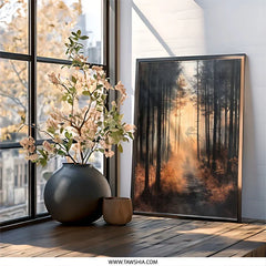 Forest Wall Art, Atmospheric Print, Nature Scene, Woodland Decor, Tranquil Art, Landscape Painting, Pine Trees Artwork, Golden Light - Tawshia