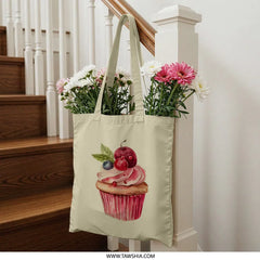 Cupcake Tote Bag, Watercolor Design, Cherry Blueberry Art, Foodie Gift, Sweet Treat Handbag, Stylish Shopping Bag, Everyday Cute Tote - Tawshia