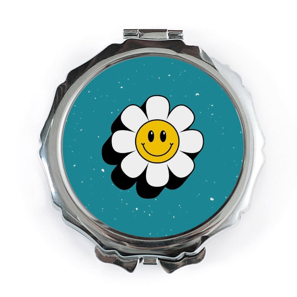 Retro Flower Pocket Mirror, Happy Face Cosmetic Mirror, Groovy Pocket Mirror, Trendy Gift for Her, Cute Makeup Mirror, Travel Mirror - Tawshia