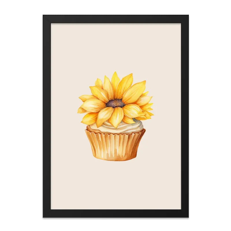 Sunflower Cupcake Wall Art, Whimsical Decor, Floral Dessert Print, Kitchen Art, Sweet Treat Art, Foodie Gift, Home Decor, Wall Hanging - Tawshia