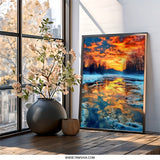 Winter Sunset Reflection, River Landscape Wall Art, Nature Scenery Print, Vivid Sky Art, Winter Decor, Home Decor Wall Art - Tawshia