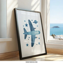 Airplane Wall Art, Kids Room Decor, Nursery Art Print, Space Theme Art, Blue Airplane, Childrens Room, Wall Decor, Aviation Wall Art - Tawshia