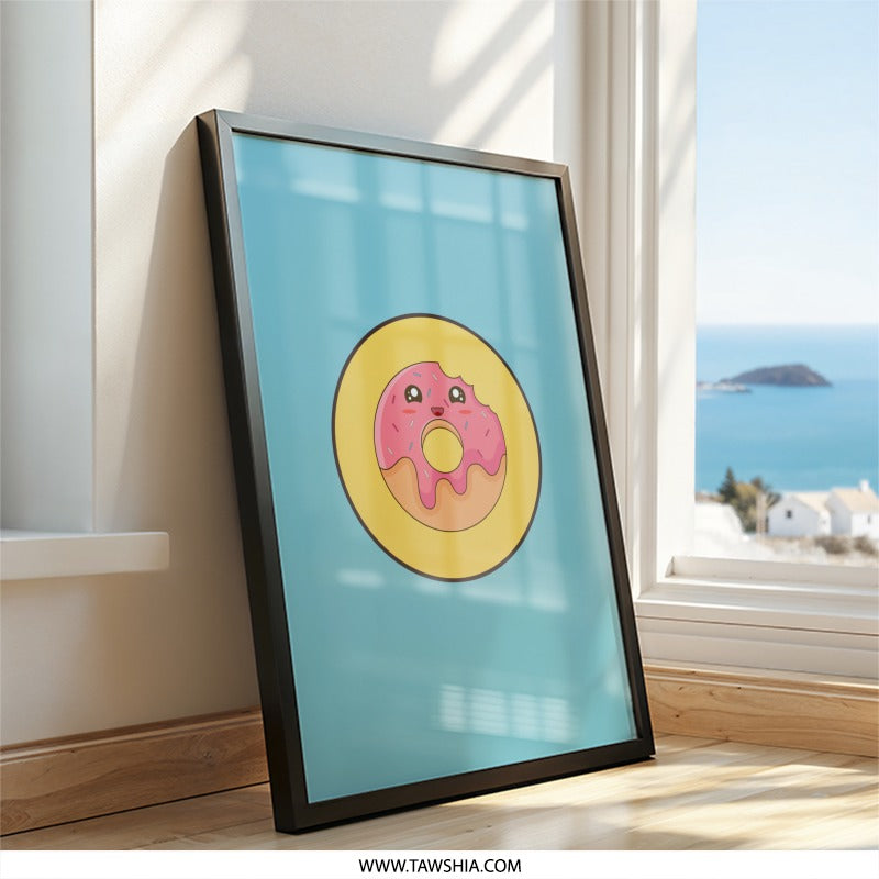 Cute Donut Wall Art, Kawaii Food Print, Pink Donut Decor, Funny Kitchen Art, Sweet Treat Poster, Kid Room Wall Art - Tawshia