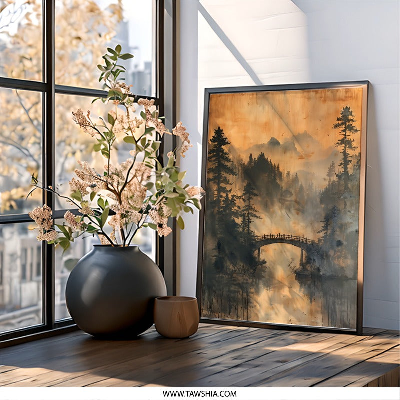 Misty Mountain Bridge Wall Art, Landscape Painting Print, Asian Inspired Art, Forest Reflection Print, Nature Home Decor - Tawshia