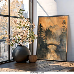 Misty Mountain Bridge Wall Art, Landscape Painting Print, Asian Inspired Art, Forest Reflection Print, Nature Home Decor - Tawshia