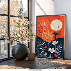 Botanical Wall Art, Retro Floral Print, Orange and Blue Decor, Abstract Flower Landscape, Modern Art Print, Home Decor, Gift Idea - Tawshia